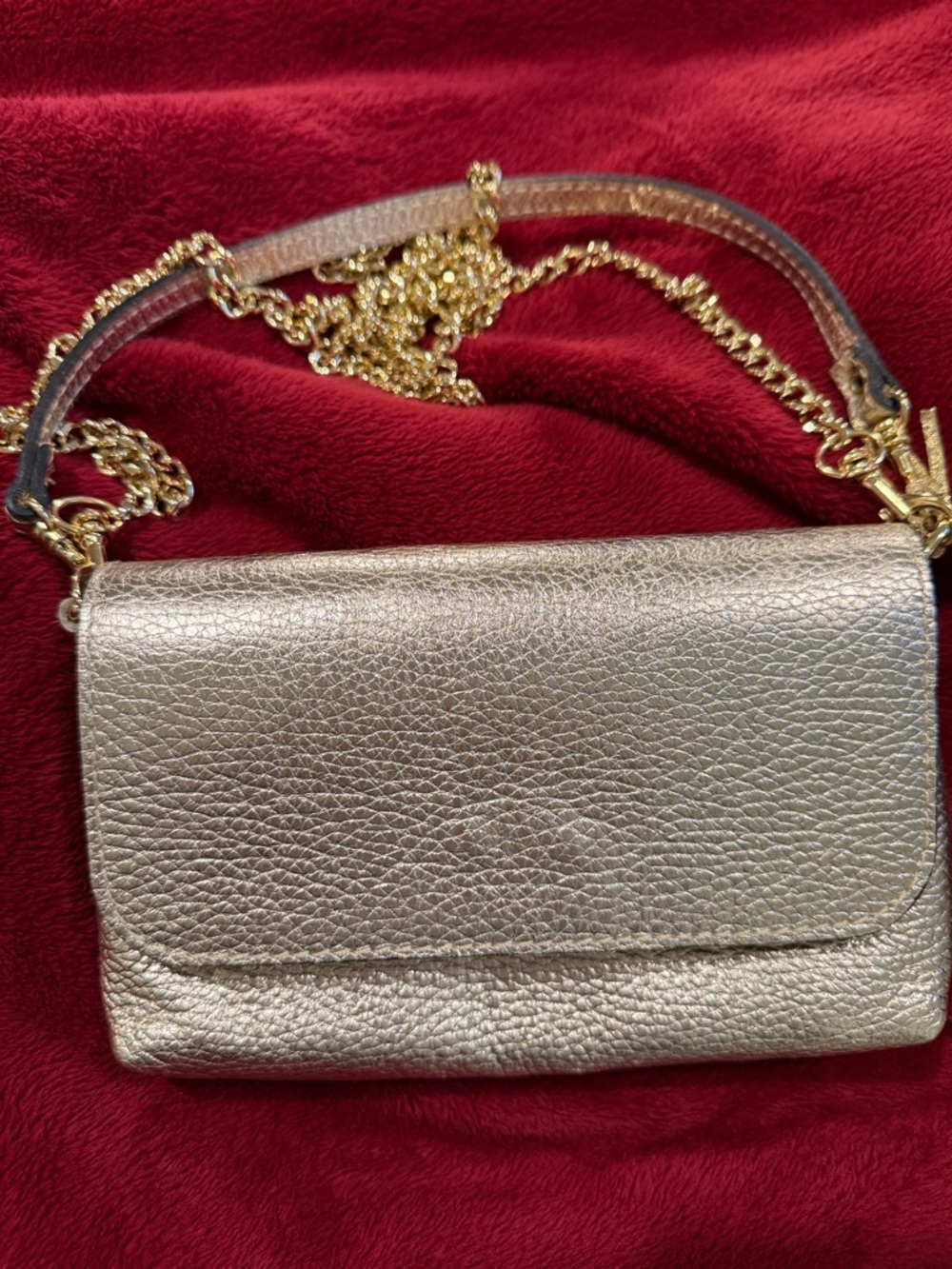 Gold Metallic Leather Crossbody Bag with Chain Strap
